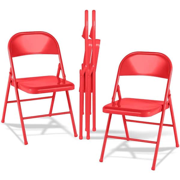 Red Metal Folding Chairs Set of 4, Heavy Duty Stackable Fold Up Chairs for Indoor Outdoor Events, Standard Seat