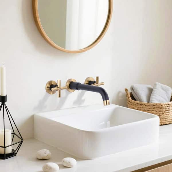 Double Handle Wall Mounted Bathroom Faucet with Brass Rough in Valve and Lever Handle in Black and Gold