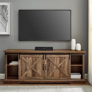 70 in. Reclaimed Barnwood Wood and Metal TV Stand Fits TVs up to 80 in. with Sliding X Barn Doors (Max tv size 80 in.)