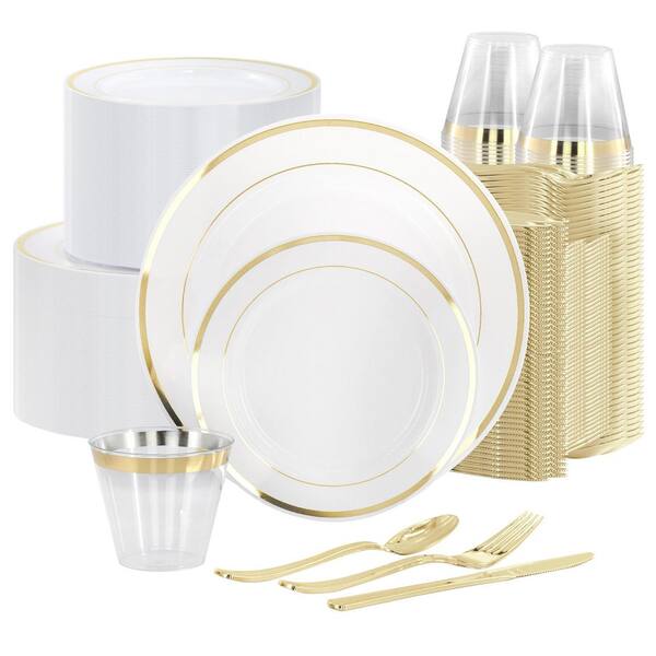 600 Piece Disposable Plastic Dinnerware Party Set for 100 Guests in White with Gold Trim
