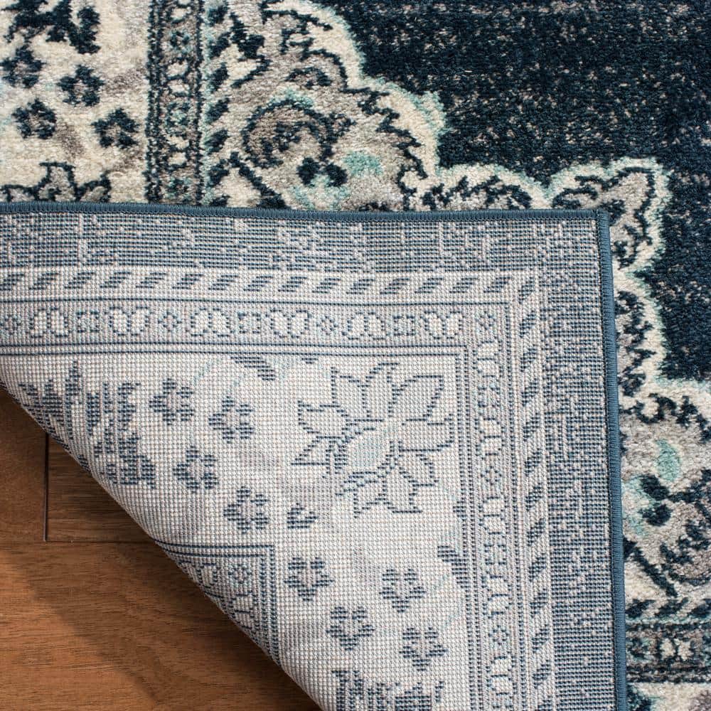 Navy and Cream Floral Motif Medium Pile Area Rug