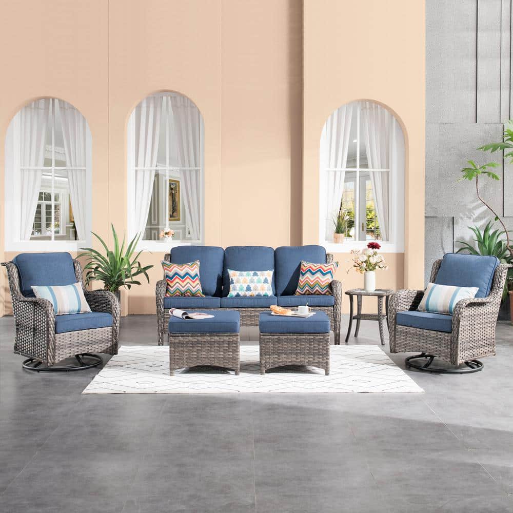 Maroon Lake Gray 6-Piece Wicker Patio Conversation Seating Sofa Set with Denim Blue Cushions and Swivel Rocking Chairs price history on PriceWatchPro