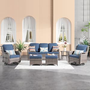 Maroon Lake Gray 6-Piece Wicker Patio Conversation Seating Sofa Set with Denim Blue Cushions and Swivel Rocking Chairs