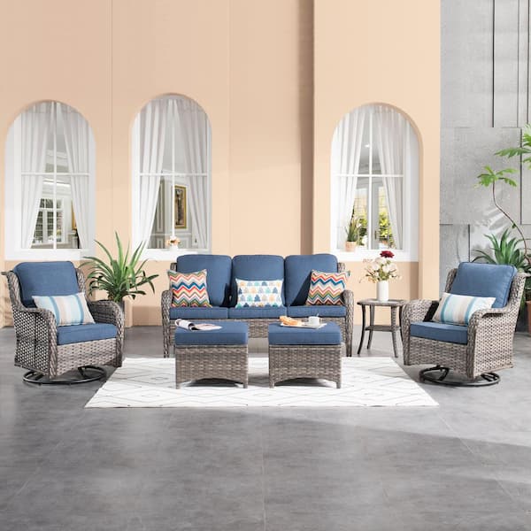 XIZZI Maroon Lake Gray 6-Piece Wicker Patio Conversation Seating Sofa Set with Denim Blue Cushions and Swivel Rocking Chairs