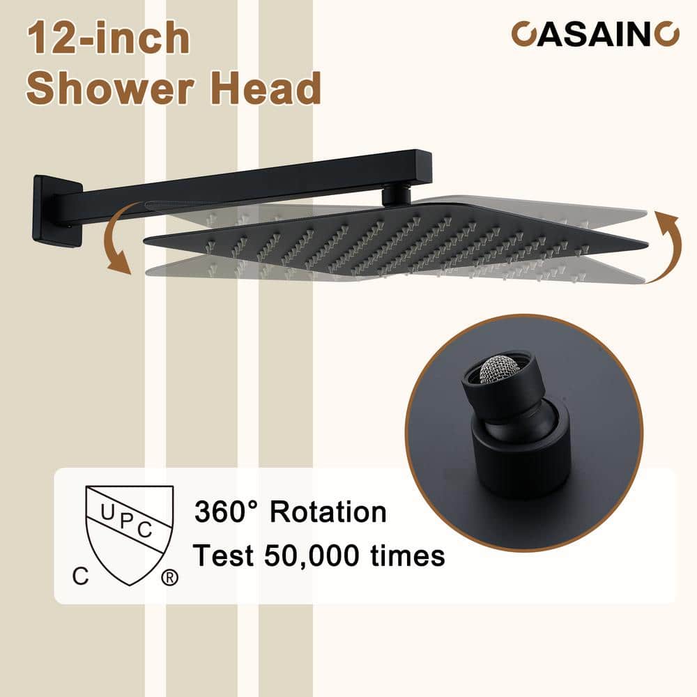 Matte Black 12-Inch Wall Mounted Shower System with Body Jets