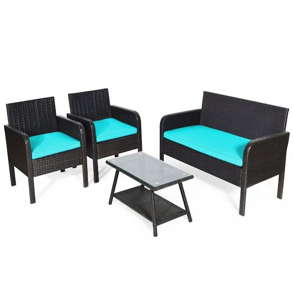SKONYON 4-Piece Wicker Outdoor Patio Conversation Seating Set with Blue Cushions and Coffee Table