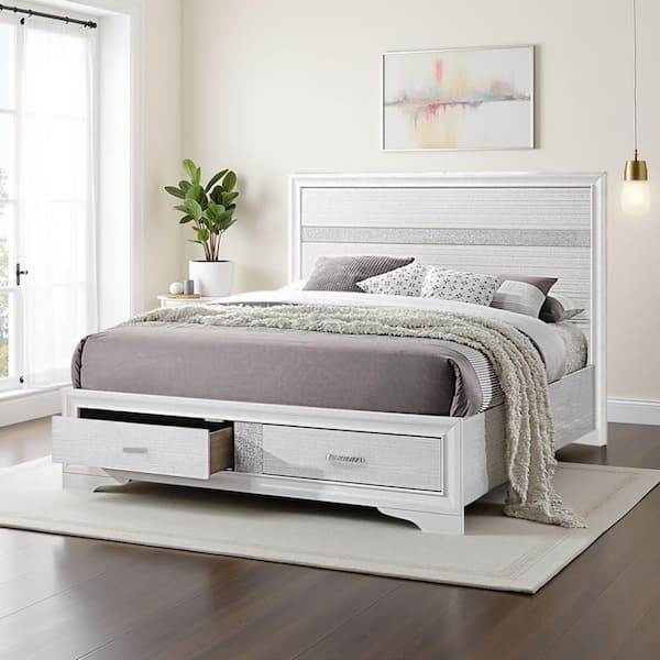 White Wooden Frame Queen Platform Bed with Drawers and Glittering Stripes