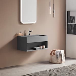 24 in. Wall-Mount Bathroom Solid Surface Vanity with Storage Space in Matte Gray