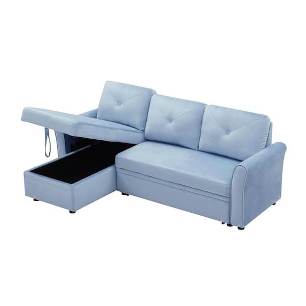 ATHMILE 83 in. W Square Arm 2-Piece L Shaped Velvet Sectional Sofa in Blue with Storage