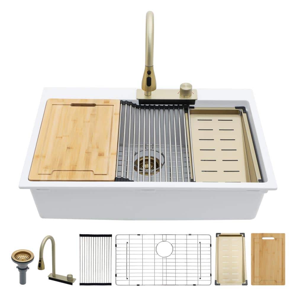 33 in. Drop-in Single Bowl Workstation Kitchen Sink in White Quartz Composite with Gold Pull-Down Faucet and Bottom Grid price history on PriceWatchPro