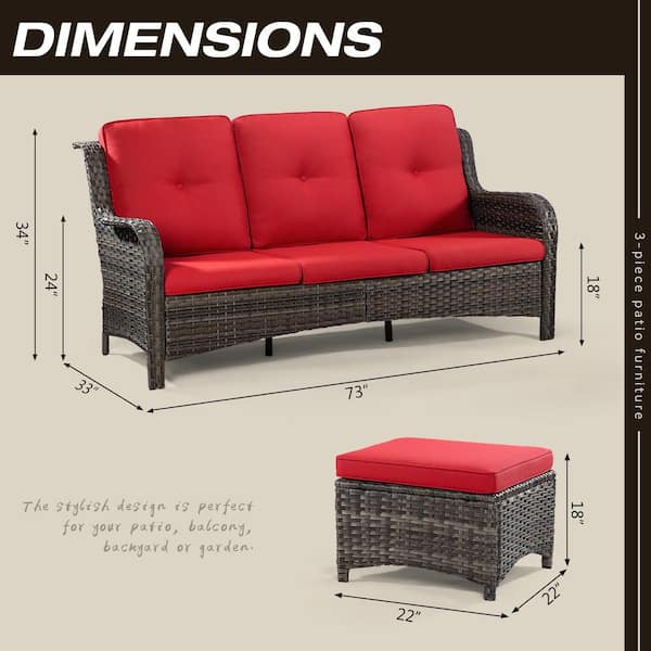 Wicker Outdoor Patio Sofa Sectional Set with Red Cushions and Ottoman