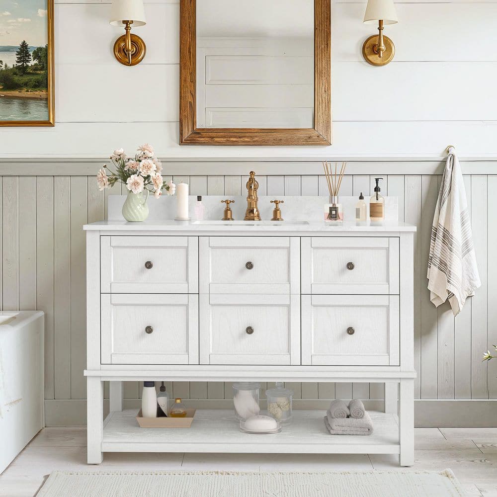 48 in. W Single Sink Freestanding White Bath Vanity with White Engineered Stone Top, Open Shelves, and Backsplash price history on PriceWatchPro