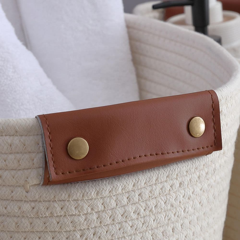 Cream Cotton Woven Round Storage Basket with Leather Handles