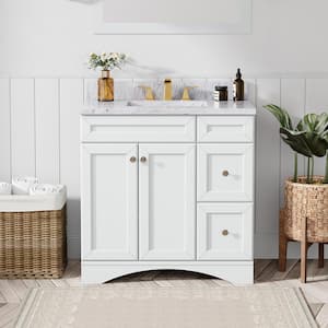 Solid Wood 36 in. W x 22 in. D x 39.3 in. H Single Sink Bath Vanity in White with Carrara White Natural Marble Top