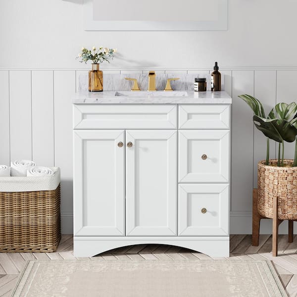 VANITYFUS Solid Wood 36 in. W x 22 in. D x 39.3 in. H Single Sink Bath Vanity in White with Carrara White Natural Marble Top