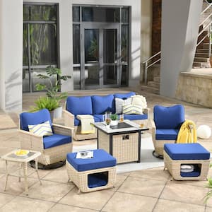 Sierra Beige 7-Piece Wicker Multi-Use Fire Pit Patio Conversation Sofa Set with Swivel Chairs and Navy Blue Cushions