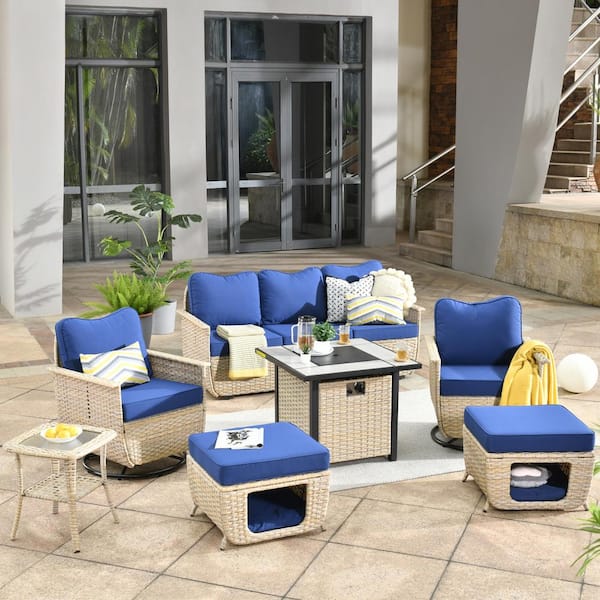 HOOOWOOO Sierra Beige 7-Piece Wicker Multi-Use Fire Pit Patio Conversation Sofa Set with Swivel Chairs and Navy Blue Cushions