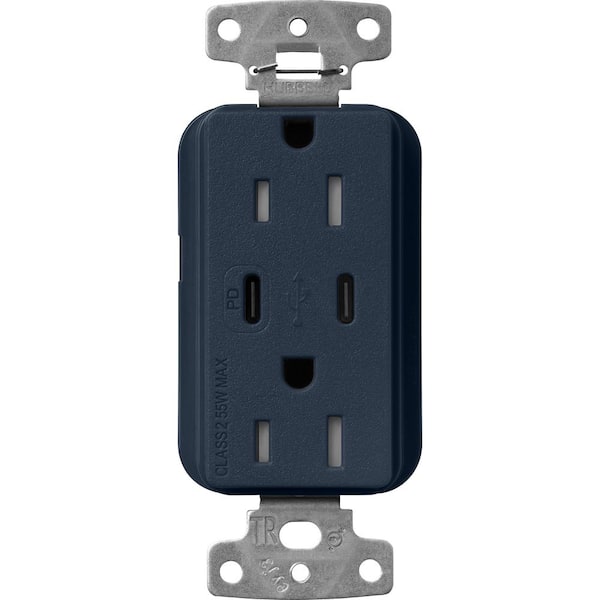Claro 15 Amp Tamper Resistant USB Type C Duplex Receptacle, Decorator Style Outlet, Satin Finish, SCR-15-CCTR-DE, Blue