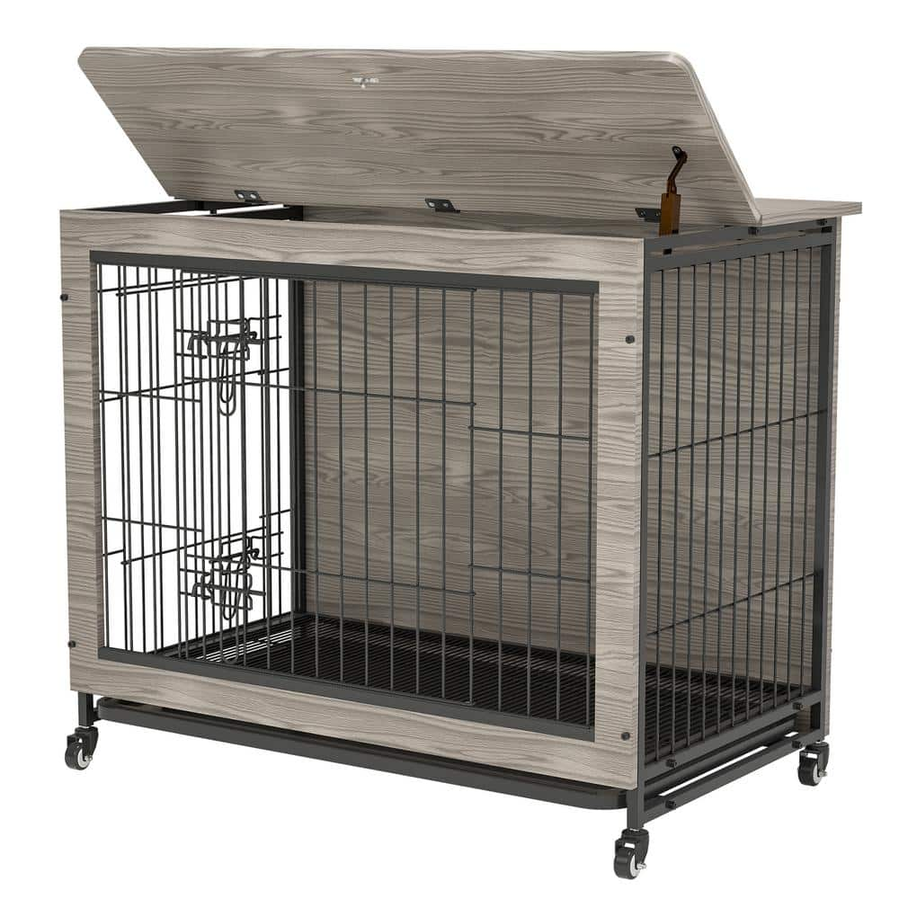 Maocao Hoom 38 In. Grey Heavy-Duty Wooden Dog Kennel With Double Doors ...