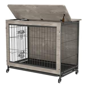 38 in. Grey Heavy-Duty Wooden Dog Kennel with Double Doors Flip-Top for Large Dogs and Wheels