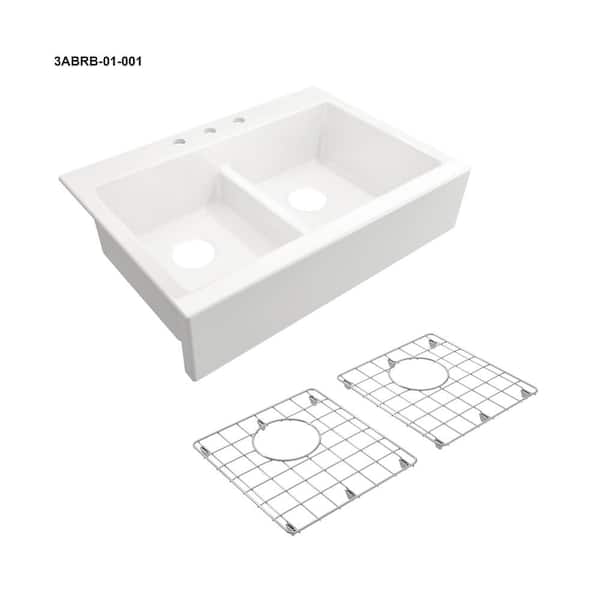 Glacier Bay 34 in. Farmhouse/Apron-Front 3-Hole Double Bowl White Fireclay Kitchen Sink with Bottom Grid