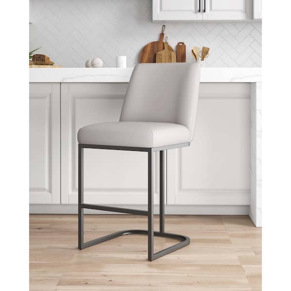 Manhattan Comfort Serena Modern 26.37 in. Light Grey Metal Counter Stool with Leatherette Upholstered Seat