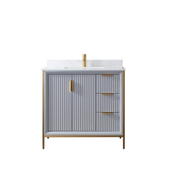 ROSWELL 36 in. W x 22 in. D x 33.8 in. H Bath Vanity in Paris Grey with White Stone Composite Countertop without Mirror