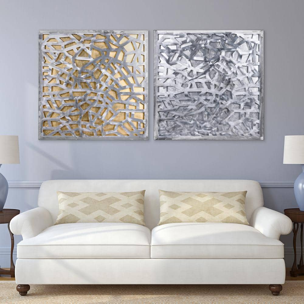 Gold and Silver Leaf Abstract Metal Wall Art Set, 64" x 32"