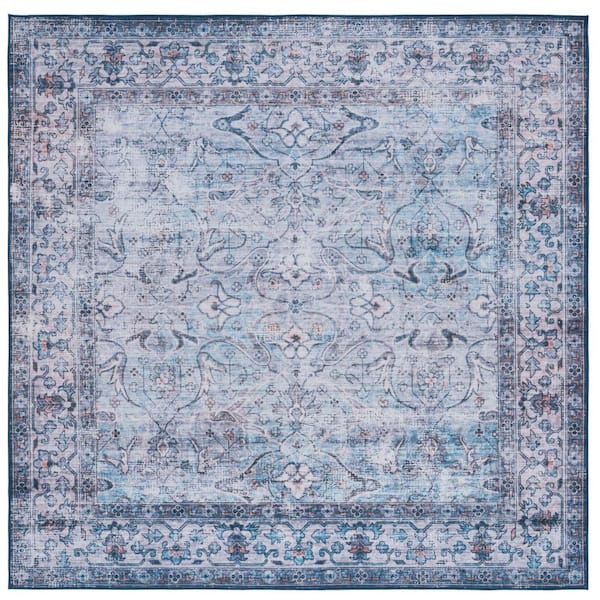 SAFAVIEH Tucson Aqua/Pink 6 ft. x 6 ft. Machine Washable Distressed Border Floral Square Area Rug
