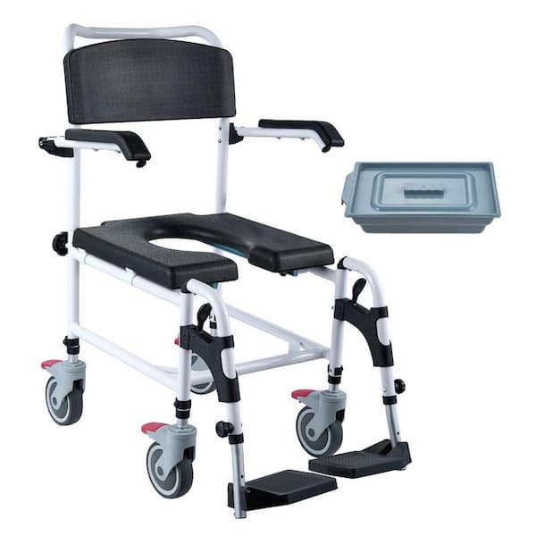 Shower Bedside Commode Wheelchair with Lockable Wheels, Footrests, Flip-up Arms, Adjustable Height, 5L Removable Bucket