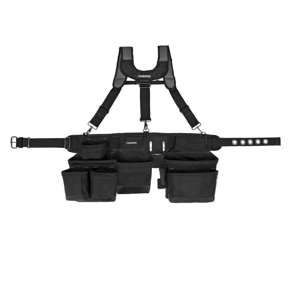 Husky 3-Bag 17 Pocket Black Framer's Suspension Rig Work Tool Belt with  Suspenders HD00145 The Home Depot