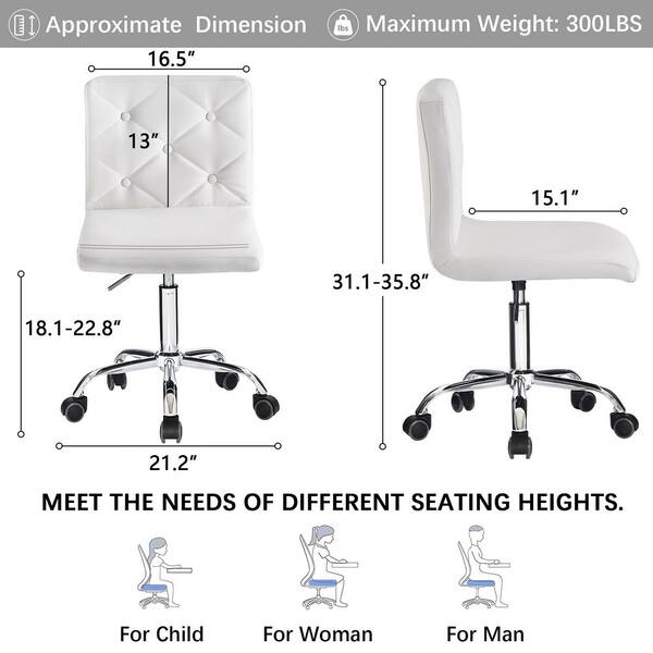 Armless Desk Chair Faux Leather Task Chair Home office Modern Swivel Adjustable Rolling Chairs White Office Stools