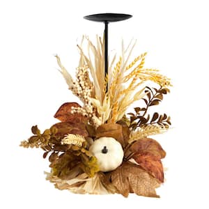 12 in. Cream Autumn Harvest and Pumpkin Fall Candle Holder