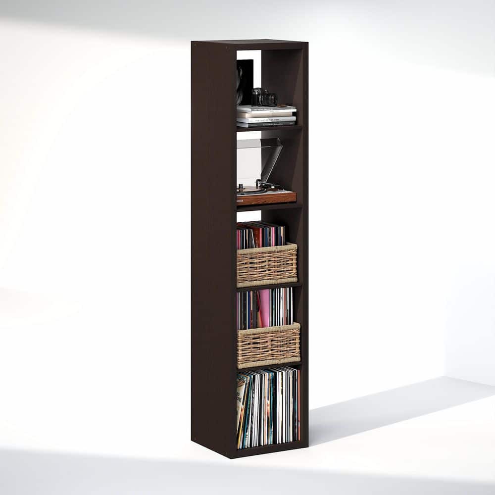 Cubicle Black Dark Oak 5-Cube Media Storage Shelf with 1.2 Extra Thick Vinyl Record Storage