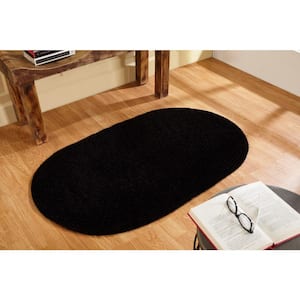 Chenille Braid Collection Black 30" x 50" Oval 100% Polyester Reversible Solid Area Rug