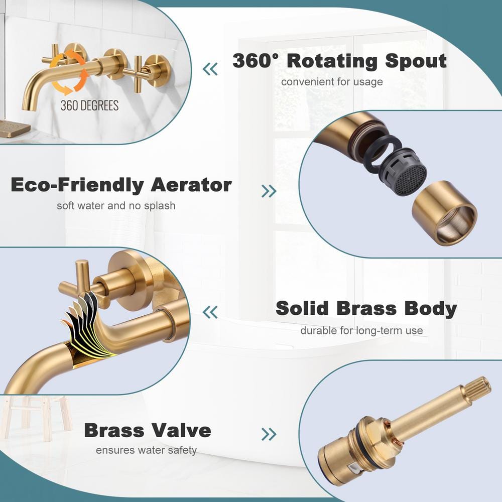 Brushed Gold Double Handle Wall Mounted Bathroom Faucet