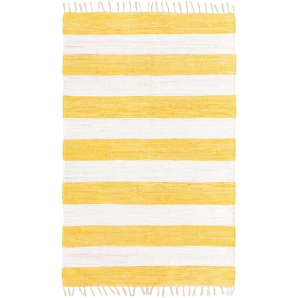 Unique Loom Chindi Rag Striped Yellow and Ivory 5 ft. 1 in. x 8 ft. Area Rug