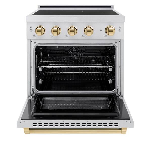 Autograph 30 in. 4.2 cu. ft. Paramount Induction Range with 4 Element Cooktop in Satin Stainless with Gold Accents