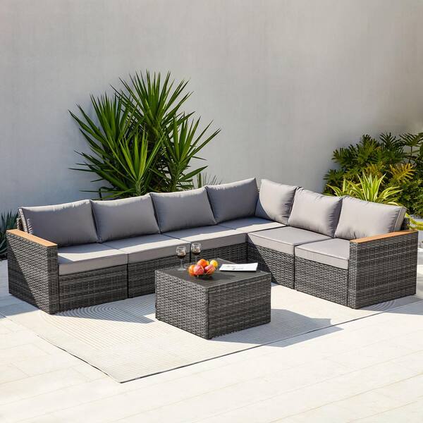 Unbranded 7-Piece Gray Wicker Outdoor Sectional Furniture Set with Gray Cushions and Coffee Table