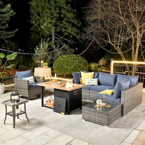 Sanibel Gray 8-Piece Wicker Patio Conversation Sofa Set with a Swivel Chair, a Storage Fire Pit and Denim Blue Cushions