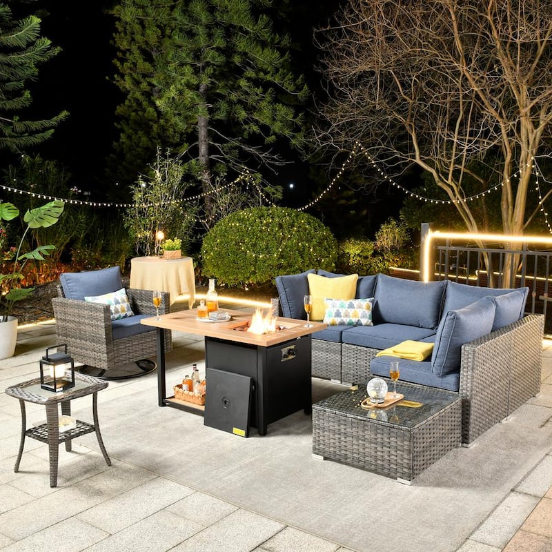 Sanibel Gray 8-Piece Wicker Patio Conversation Sofa Set with a Swivel Chair, a Storage Fire Pit and Denim Blue Cushions