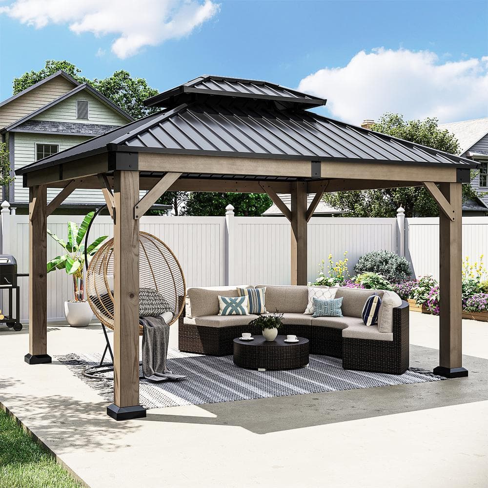 10 ft. x 12 ft. Outdoor Cedar Wood Frame Double Galvanized Steel Roof Gazebo with Ceiling Hook price history on PriceWatchPro