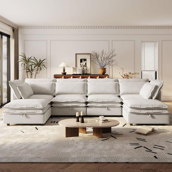 J&E Home 124.4 in. Straight Arm 6-piece U-Shaped Velvet Polyester Modular Free Combinable Sectional Sofa in Beige with Storage