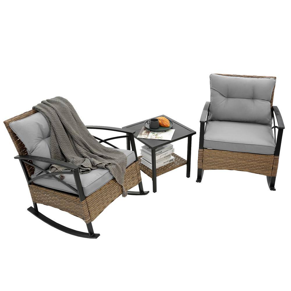 3-Piece Wicker Outdoor Rocking Chair with Strap Grey Cushions (2-Chairs, 1-