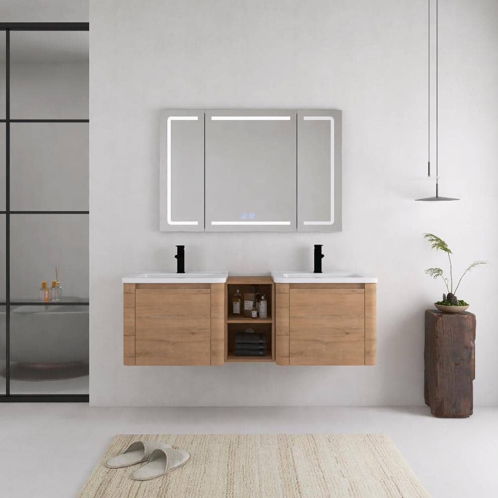 60 in. Double Floating Imitative Oak Bath Vanity with White Ceramic Top Unassembled price history on PriceWatchPro