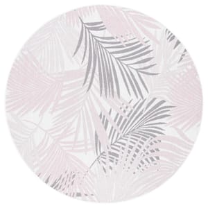 Courtyard Ivory/Pink 7 ft. x 7 ft. Abstract Leaf Indoor/Outdoor Patio  Round Area Rug