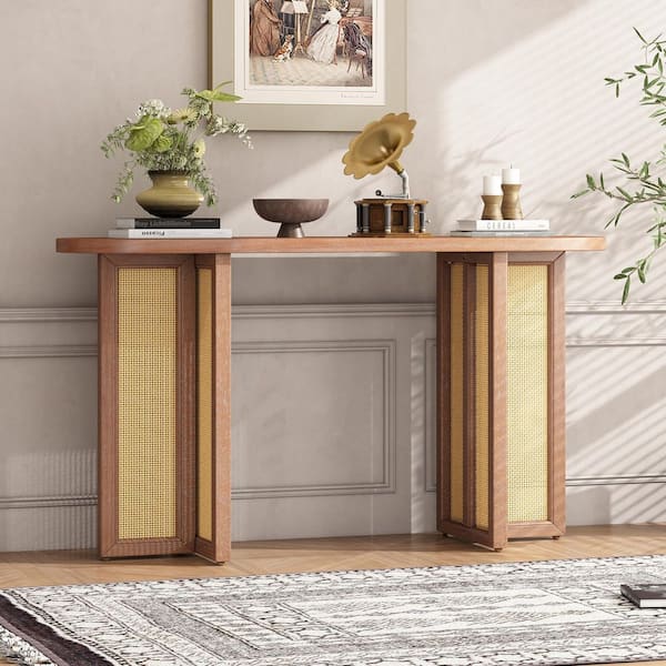 47.8 in. Natural Wood Wash Oval Acacia Wood Console Table with Cross-Frame Rattan Leg