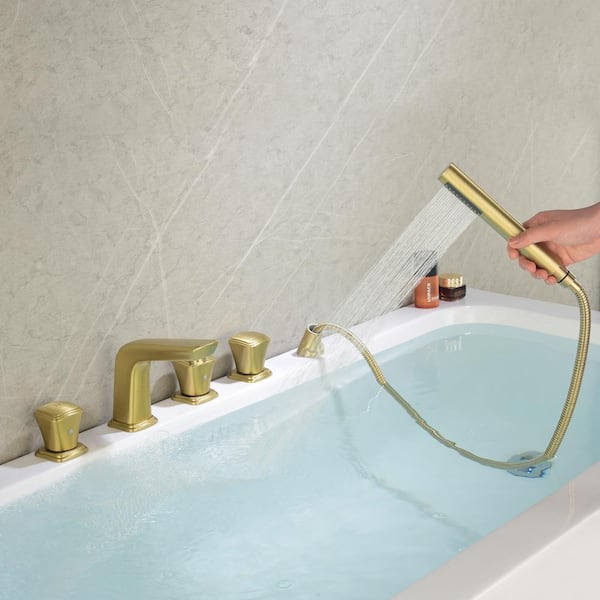 Modern 3-Handle Roman Tub Faucet with Hand Shower in Brushed Gold