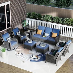 Erie Lake Gray 8-Piece Wicker Patio Conversation Seating Sofa Set with Denim Blue Cushions and Swivel Rocking Chairs