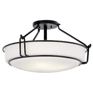 Alkire 22 in. 4-Light Black Hallway Transitional Semi-Flush Mount Ceiling Light with Frosted Glass